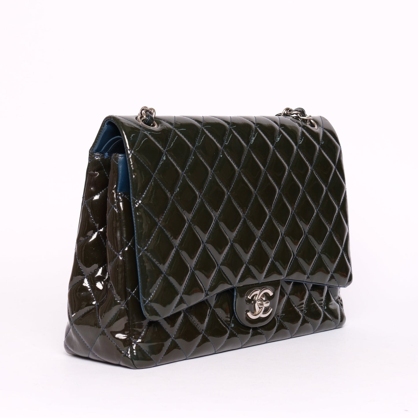 Chanel Patent Leather Dark Green Maxi Double Flap Shoulder Bag