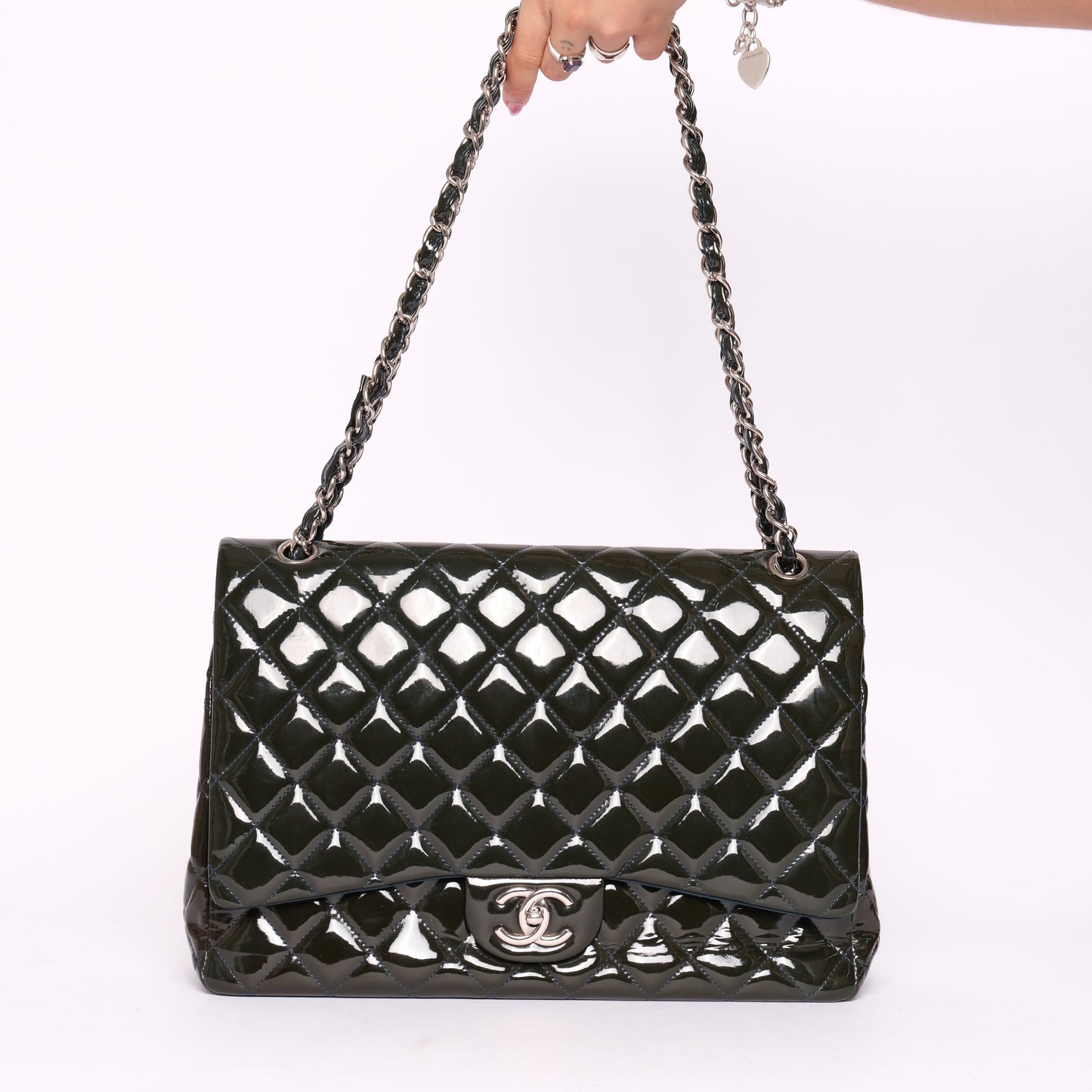 Chanel Patent Leather Dark Green Maxi Double Flap Shoulder Bag