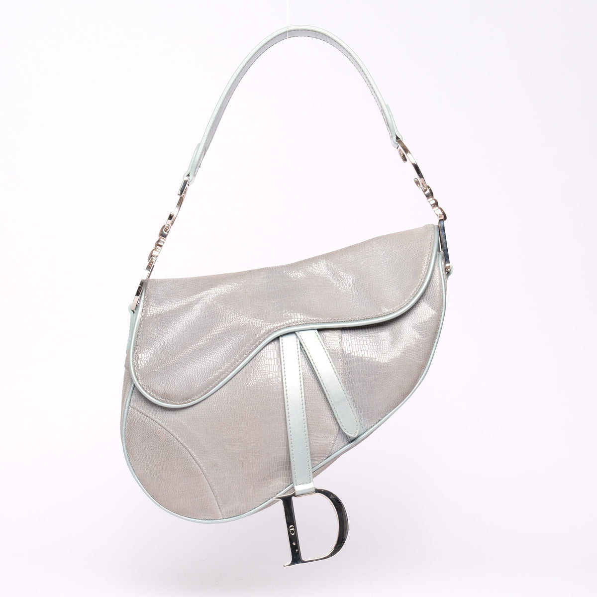 Christian Dior Light Blue Lizard Embossed Saddle Bag