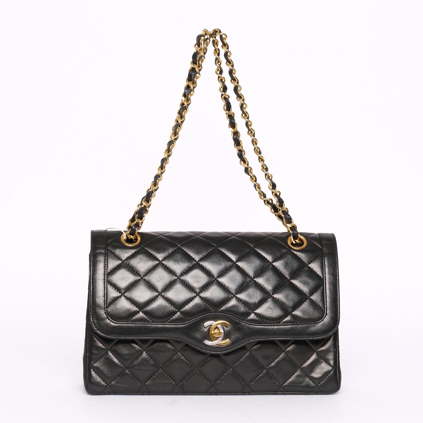 Chanel Black Lambskin Leather Quilted Paris Exclusive Two-Tone Double Flap