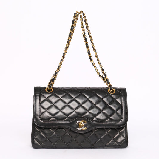 Chanel Black Lambskin Leather Quilted Paris Exclusive Two-Tone Double Flap