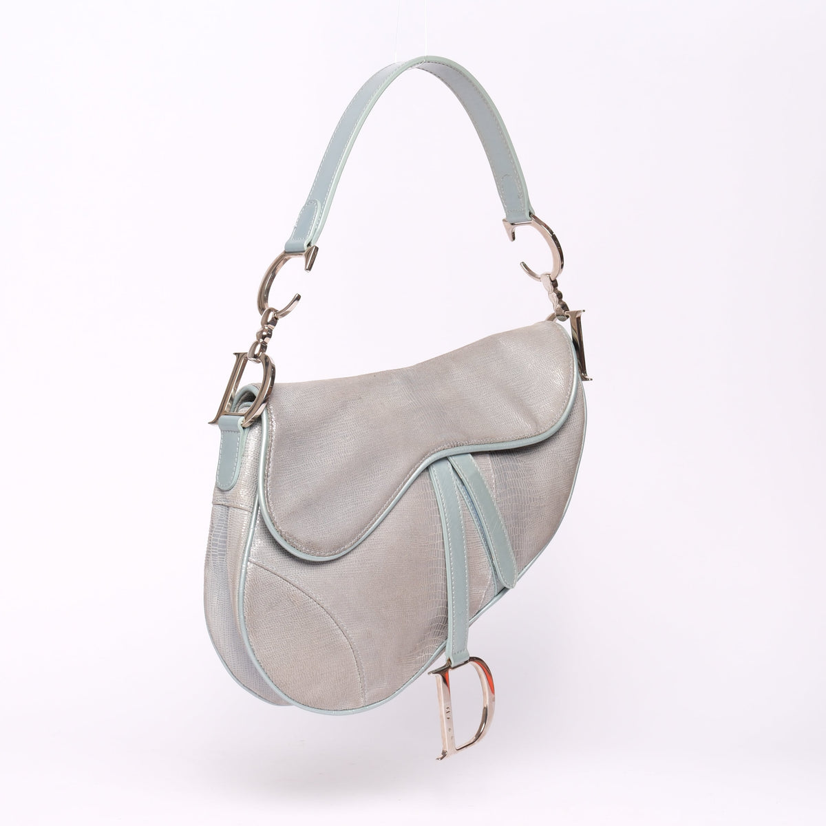 Christian Dior Light Blue Lizard Embossed Saddle Bag