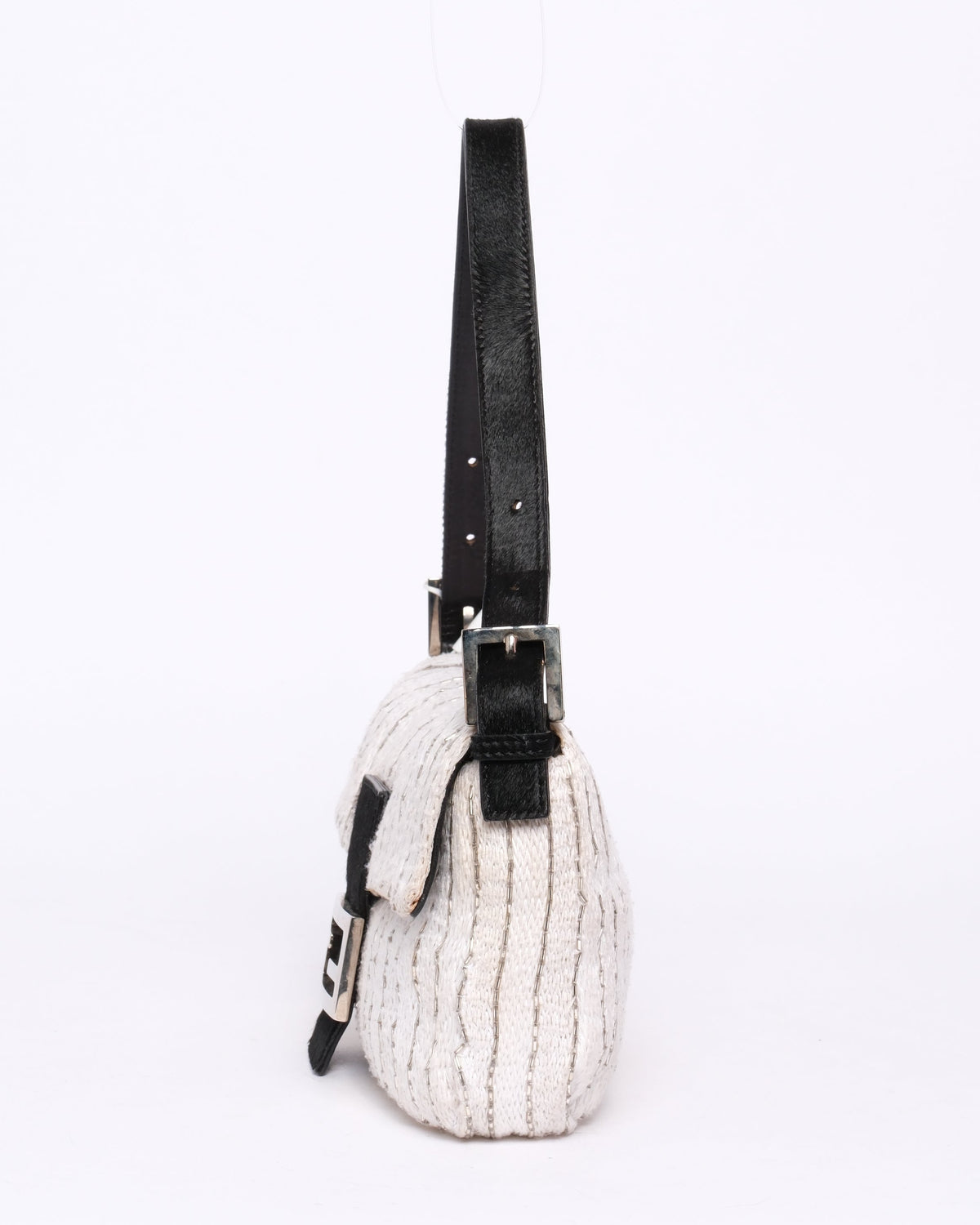 Fendi Ivory Knit Beaded & Ponyhair Baguette Shoulder Bag