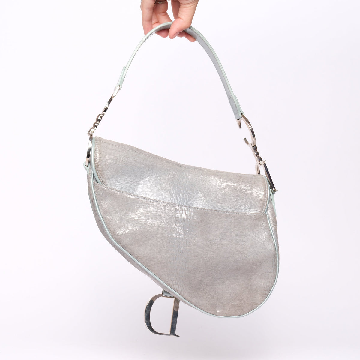Christian Dior Light Blue Lizard Embossed Saddle Bag