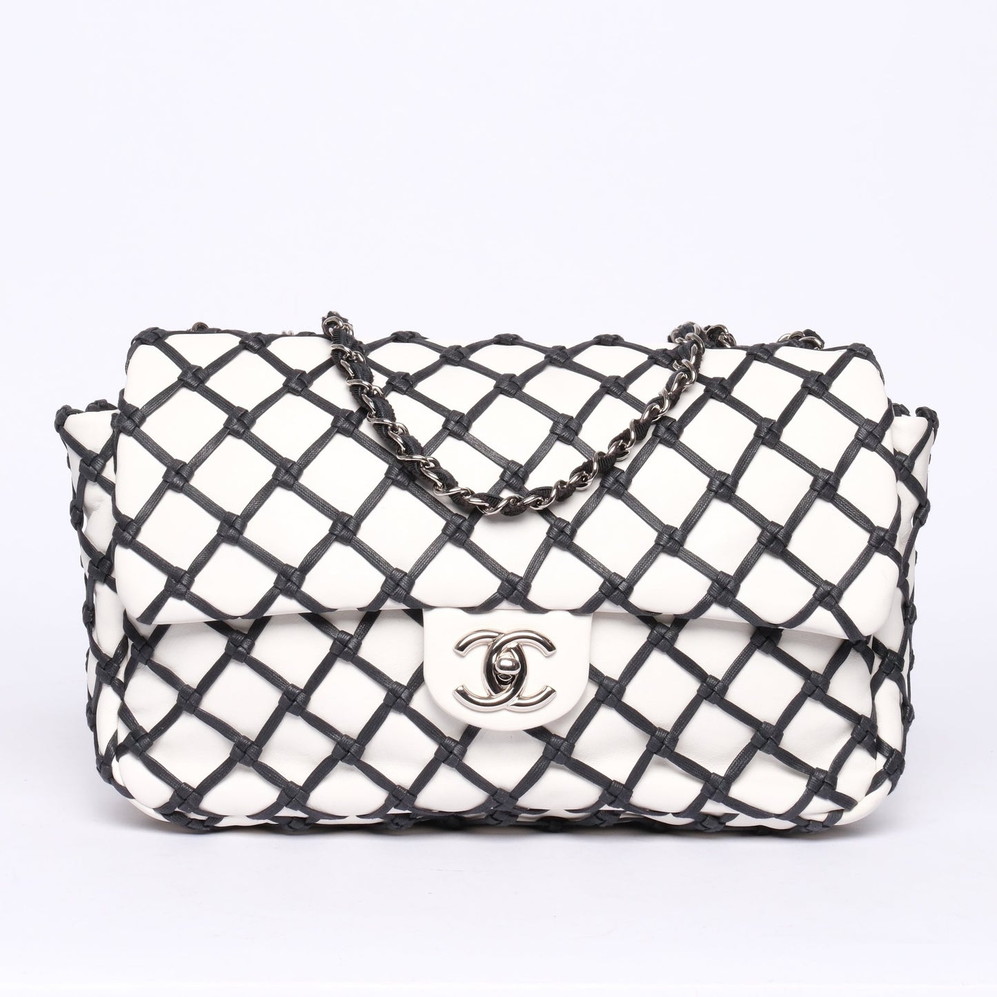 Chanel White & Black Lambskin Leather Canebiers Jumbo Net Flap SHW