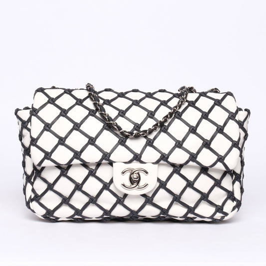 Chanel White & Black Lambskin Leather Canebiers Jumbo Net Flap SHW