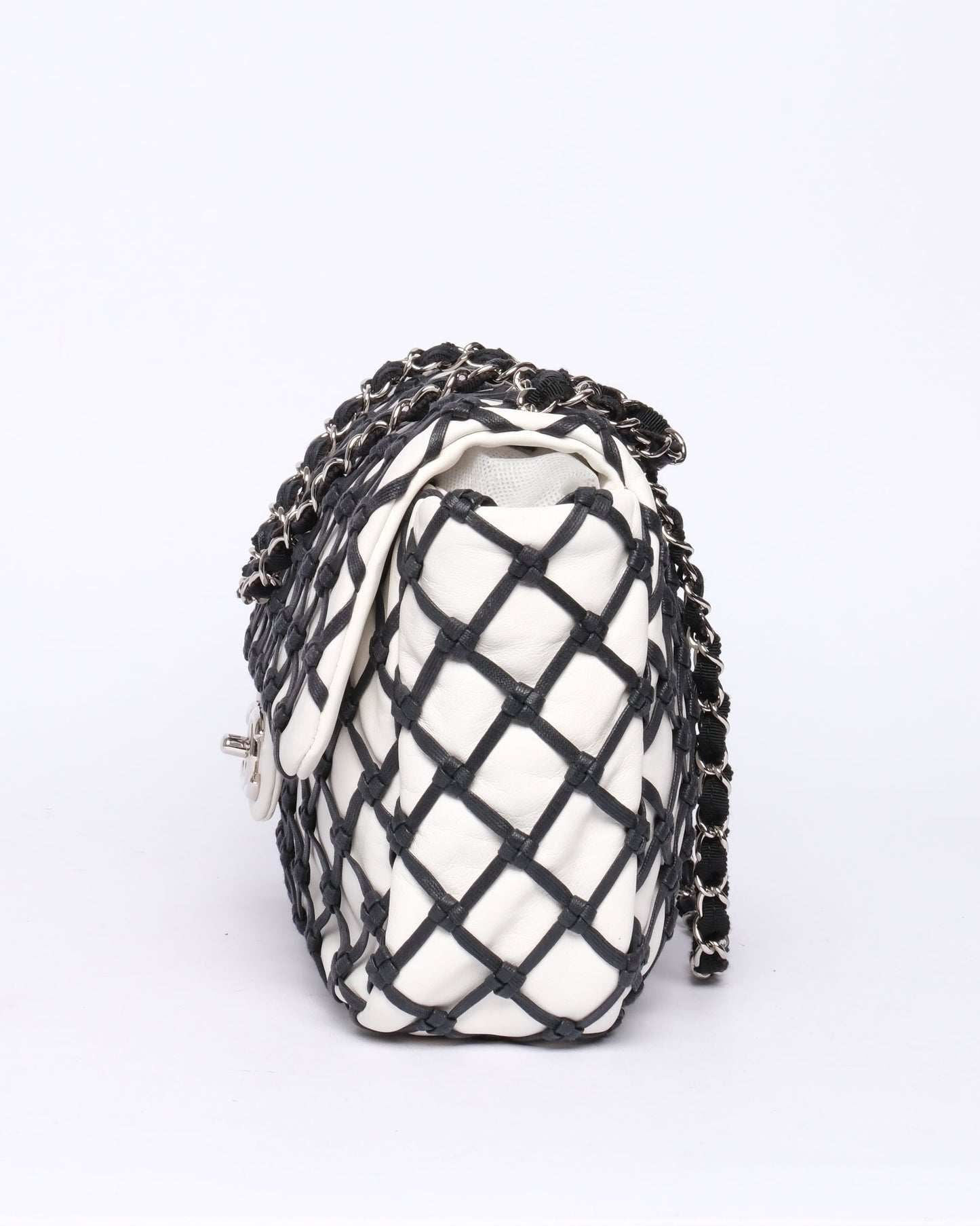 Chanel White & Black Lambskin Leather Canebiers Jumbo Net Flap SHW