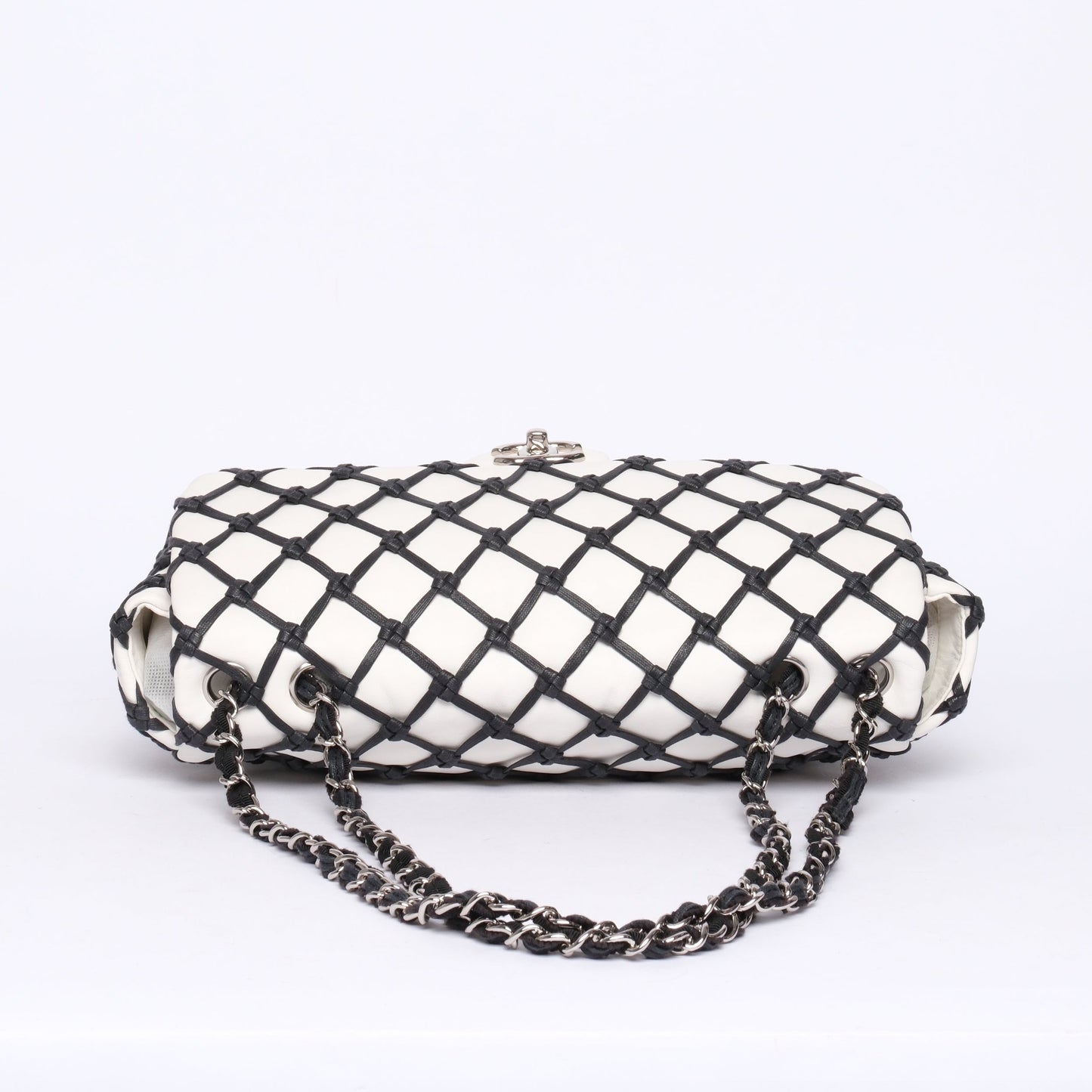 Chanel White & Black Lambskin Leather Canebiers Jumbo Net Flap SHW