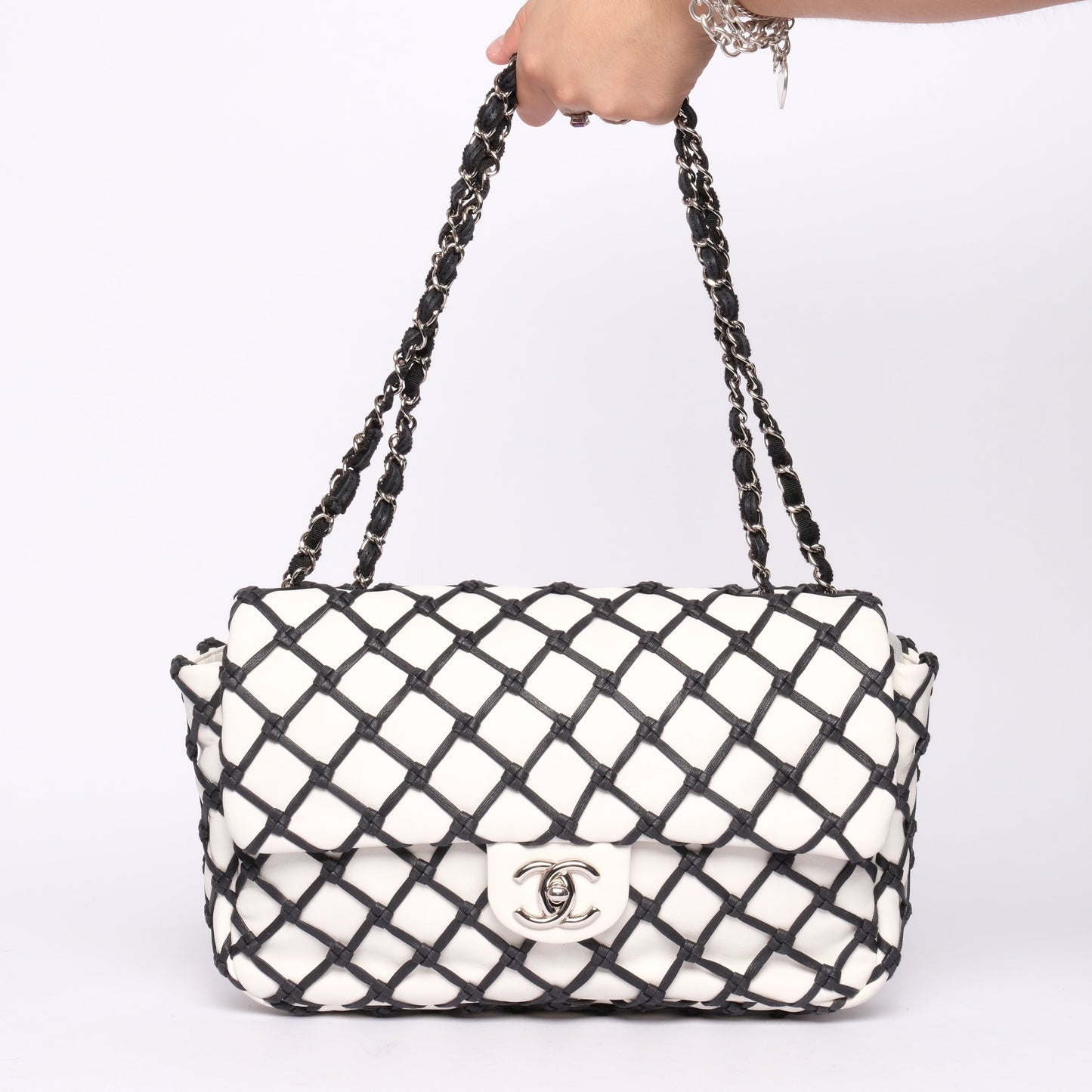 Chanel White & Black Lambskin Leather Canebiers Jumbo Net Flap SHW