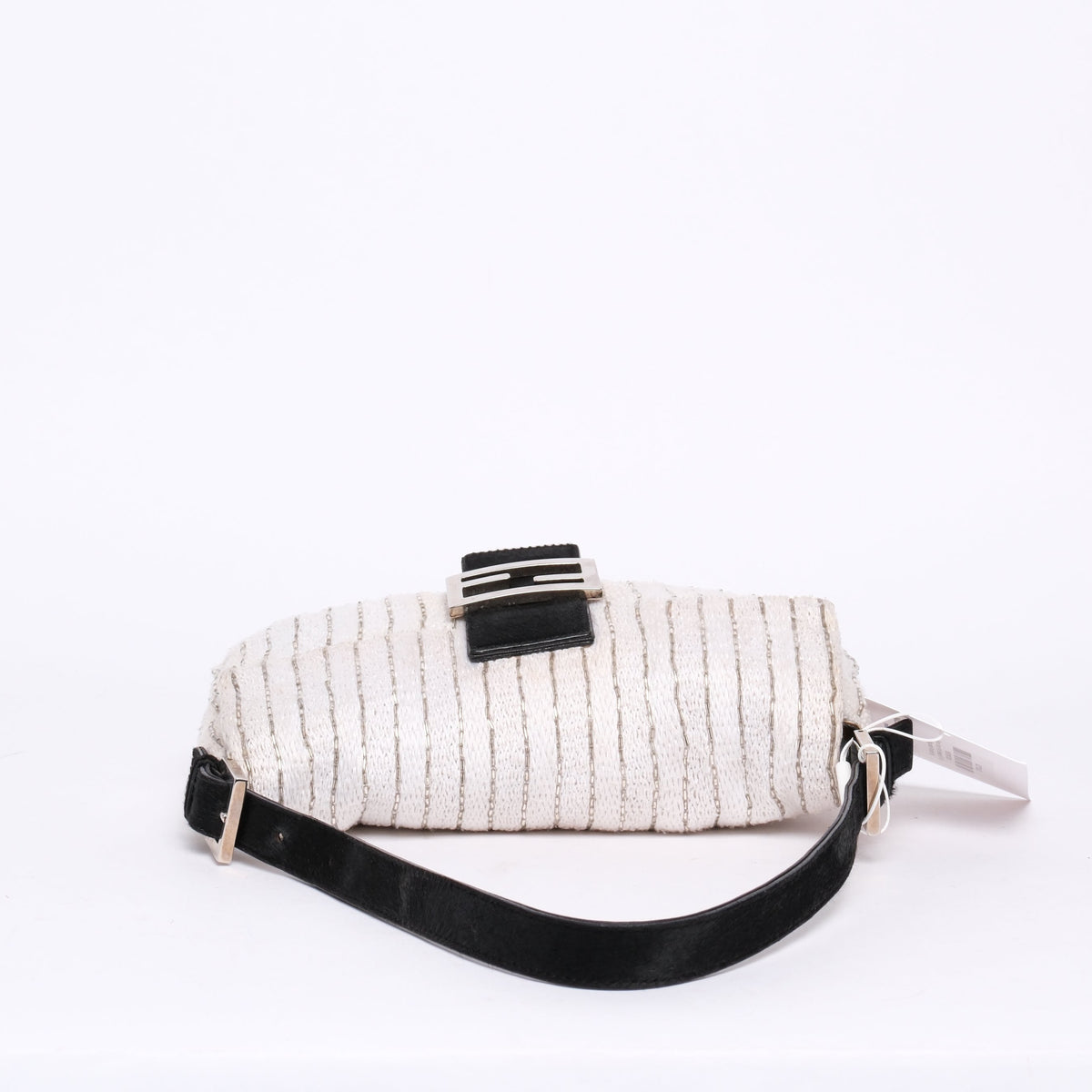 Fendi Ivory Knit Beaded & Ponyhair Baguette Shoulder Bag