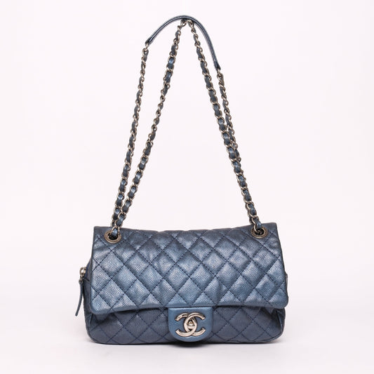 Chanel Metallic Blue Caviar Leather Chanel Flap