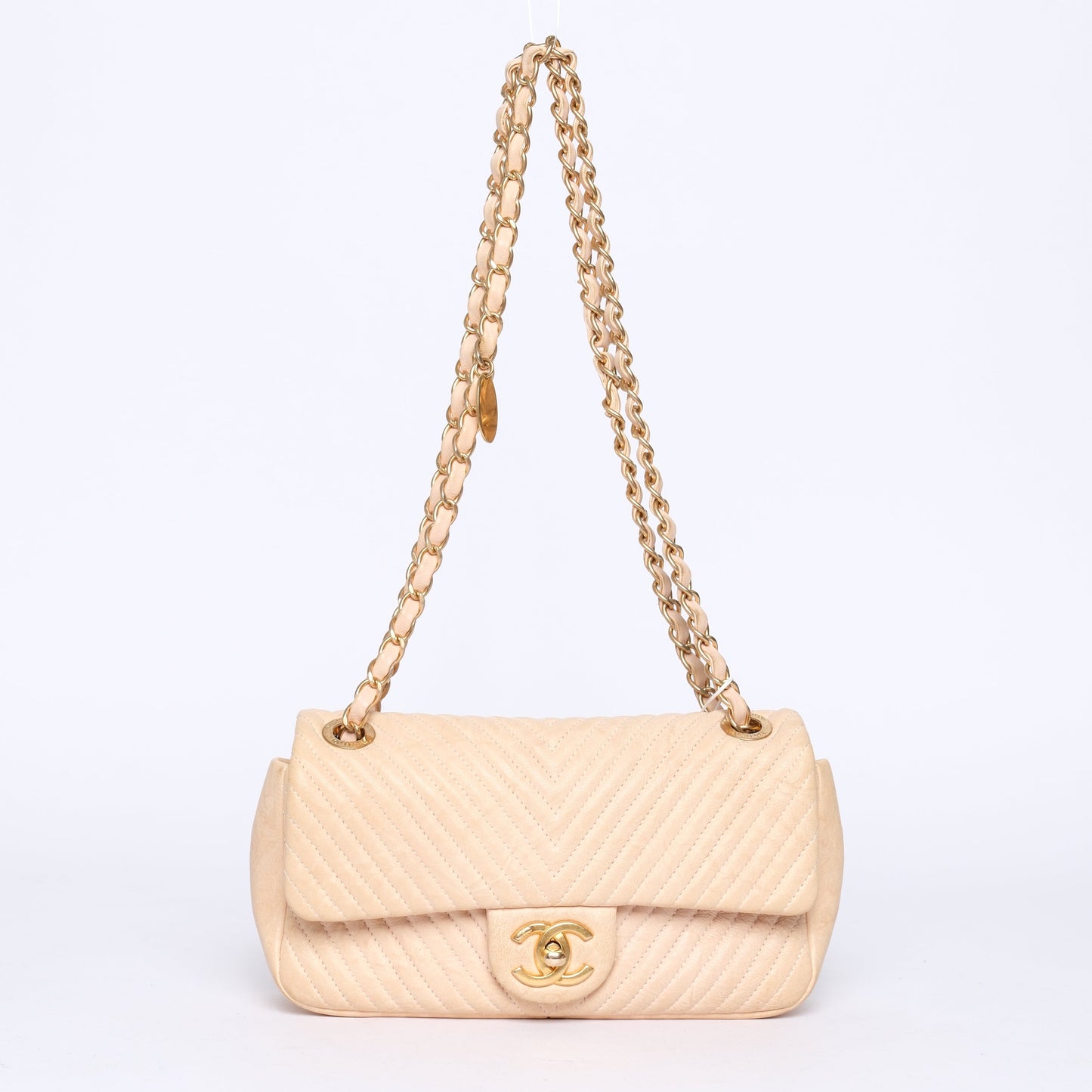 Chanel Beige Lambskin Leather Chevron Quilted Mini Flap