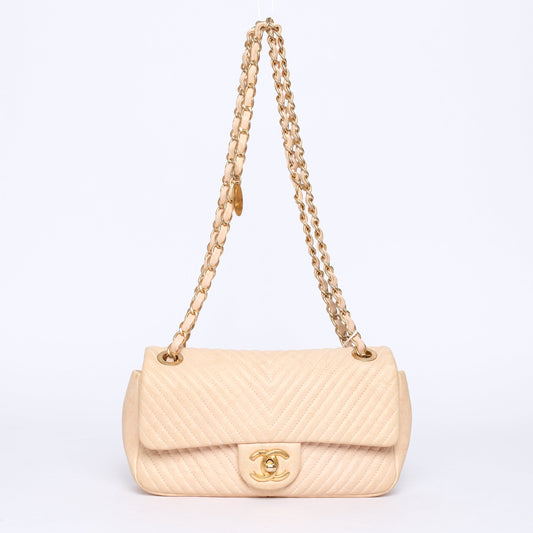 Chanel Beige Lambskin Leather Chevron Quilted Mini Flap