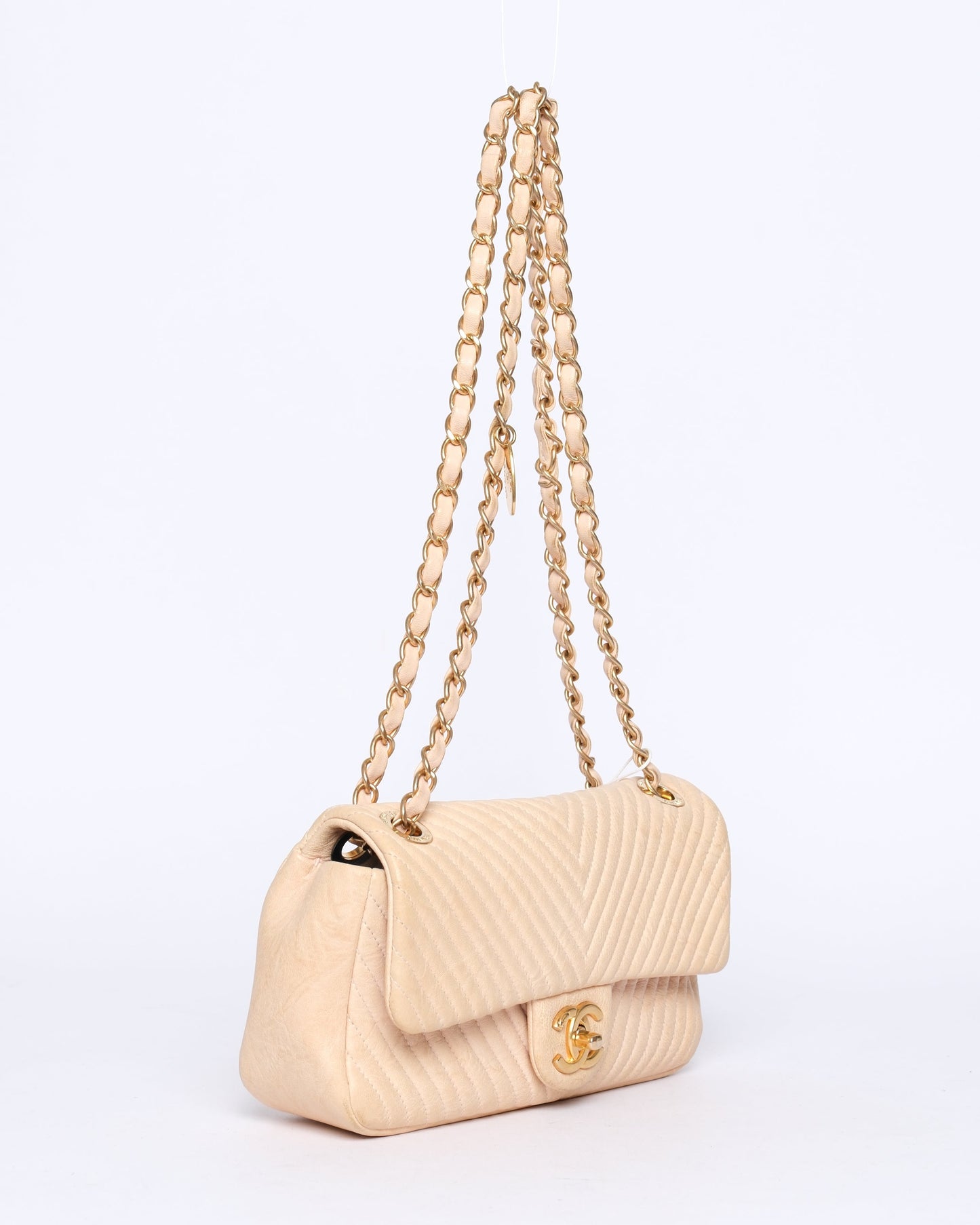 Chanel Beige Lambskin Leather Chevron Quilted Mini Flap