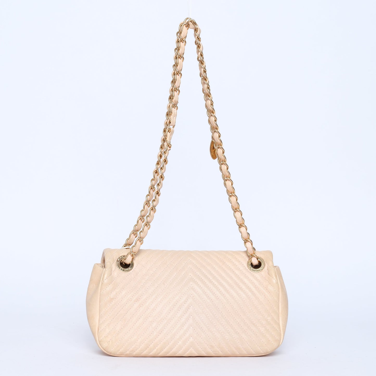 Chanel Beige Lambskin Leather Chevron Quilted Mini Flap