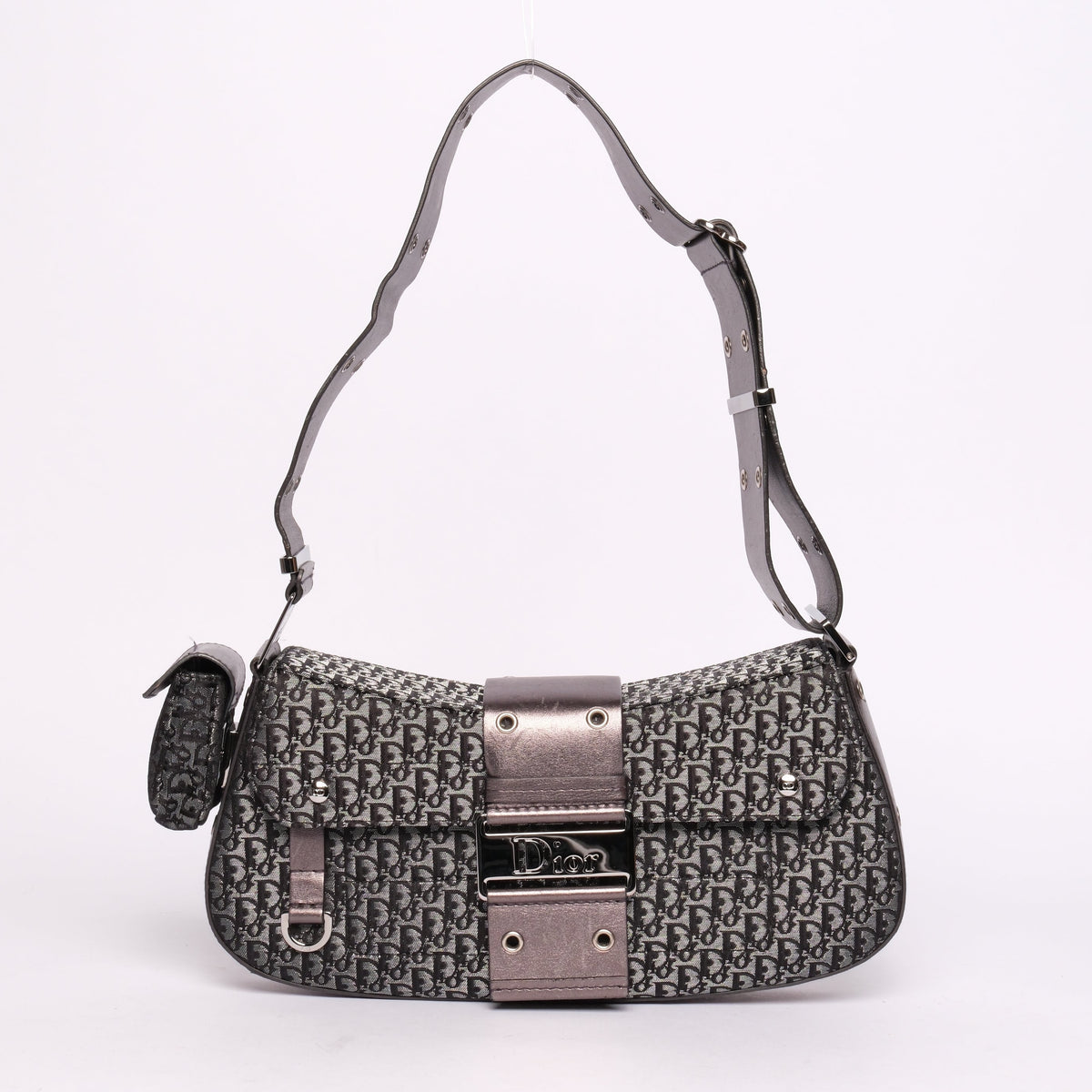 Christian Dior Metallic Gray Black Canvas & Leather Trotter Monogram Columbus Shoulder Bag