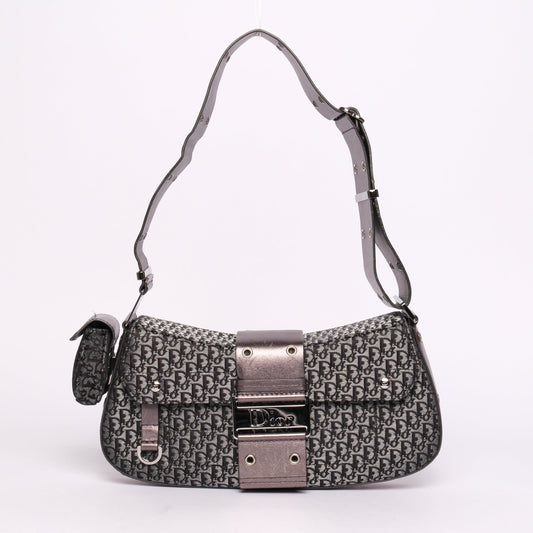 Christian Dior Metallic Gray Black Canvas & Leather Trotter Monogram Columbus Shoulder Bag