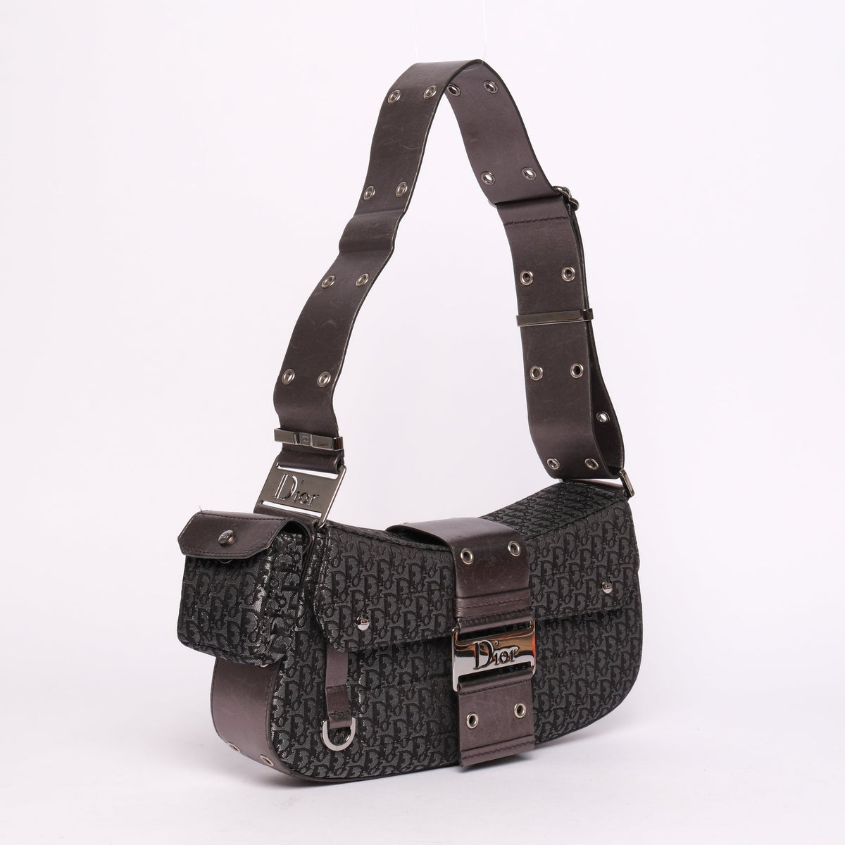 Christian Dior Metallic Gray Black Canvas & Leather Trotter Monogram Columbus Shoulder Bag
