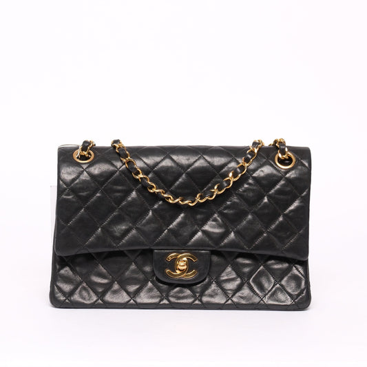Chanel Black Lambskin Leather Quilted Double Flap Chain Shoulder Bag GHW