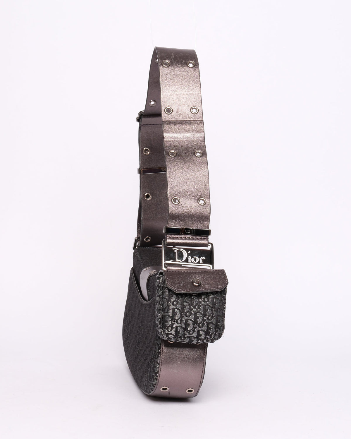 Christian Dior Metallic Gray Black Canvas & Leather Trotter Monogram Columbus Shoulder Bag