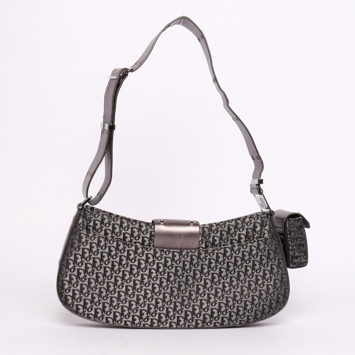 Christian Dior Metallic Gray Black Canvas & Leather Trotter Monogram Columbus Shoulder Bag