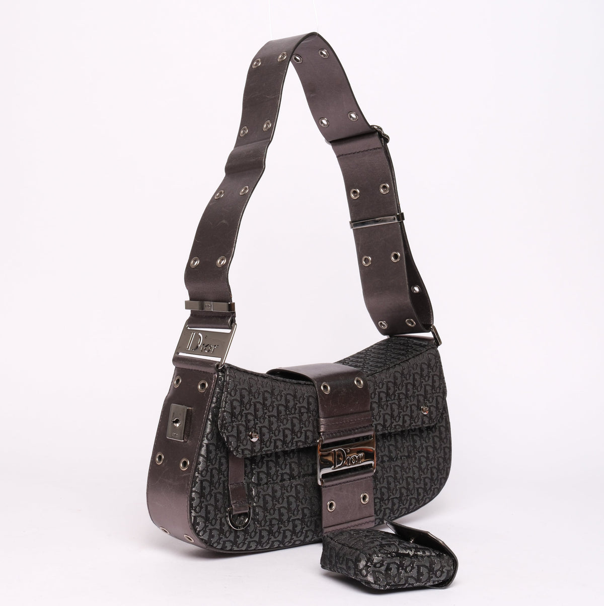 Christian Dior Metallic Gray Black Canvas & Leather Trotter Monogram Columbus Shoulder Bag