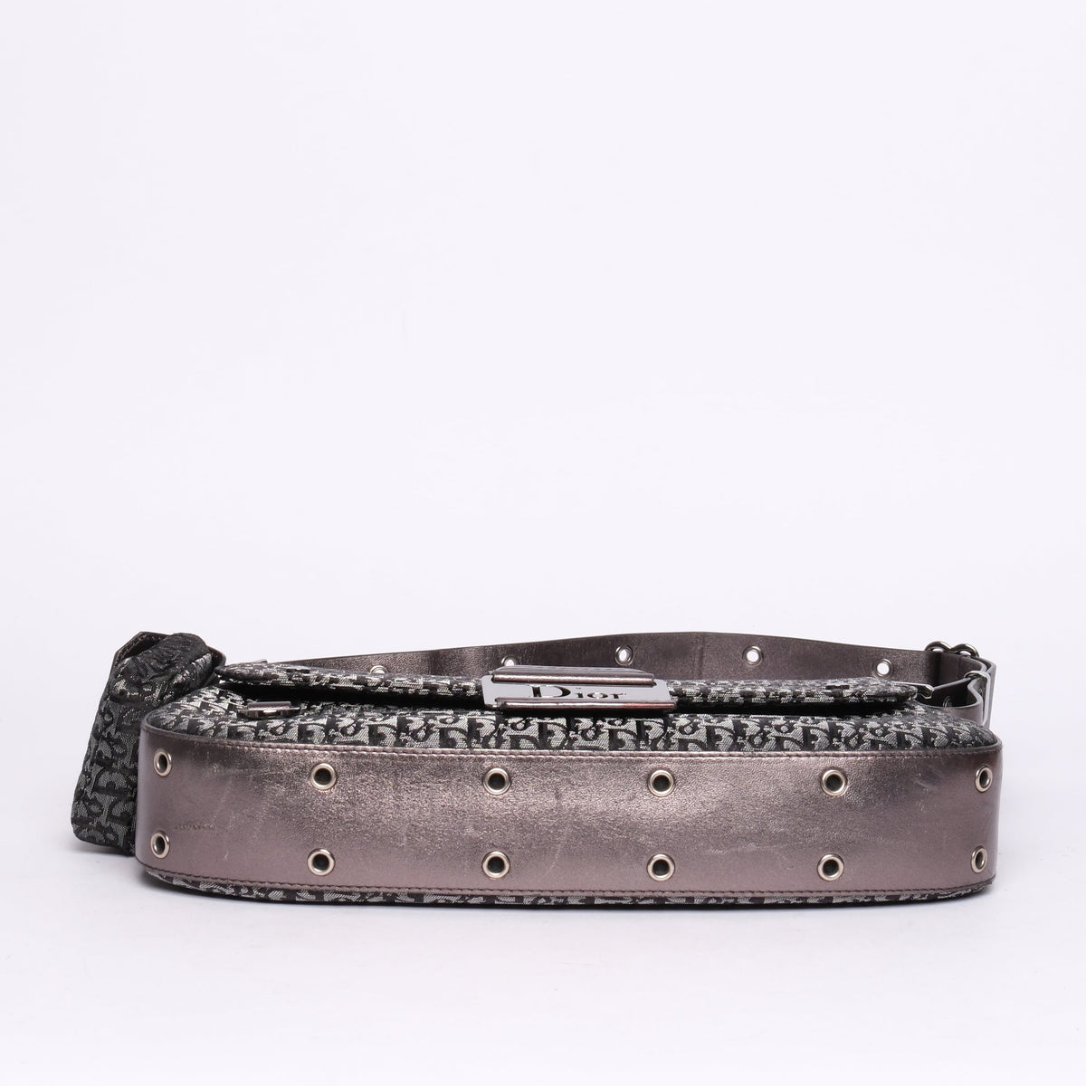 Christian Dior Metallic Gray Black Canvas & Leather Trotter Monogram Columbus Shoulder Bag