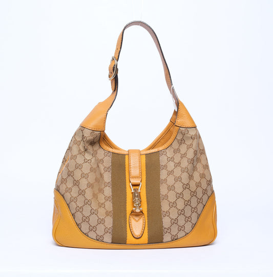Gucci Beige & Yellow Canvas Leather Monogram Jackie Shoulder Bag
