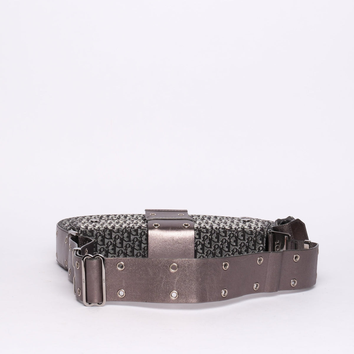 Christian Dior Metallic Gray Black Canvas & Leather Trotter Monogram Columbus Shoulder Bag