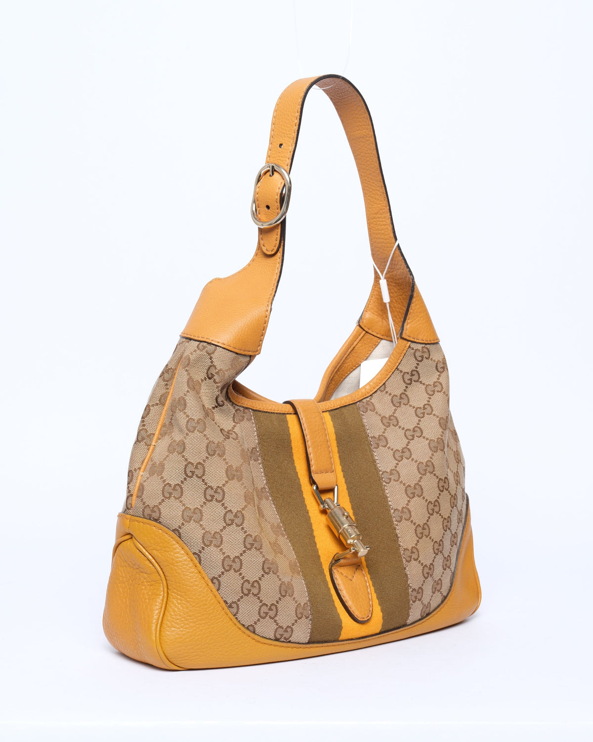 Gucci Beige & Yellow Canvas Leather Monogram Jackie Shoulder Bag