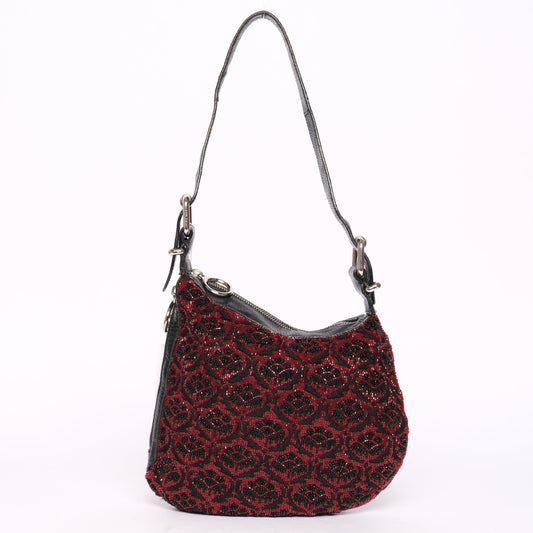 RARE Fendi Red Beaded Floral Oyster Bag w/ Lizard Trim