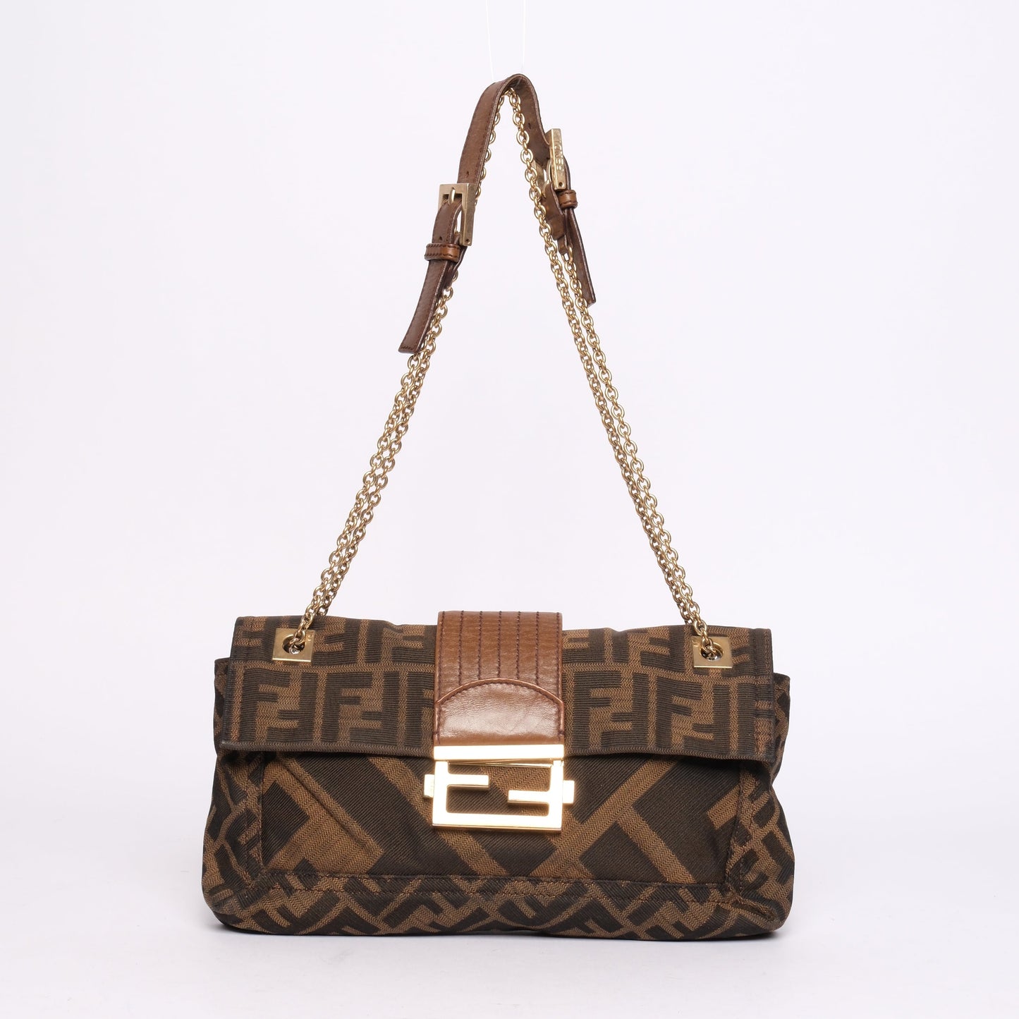 Fendi Brown Canvas & Leather Zucca Chain Handle Baguette