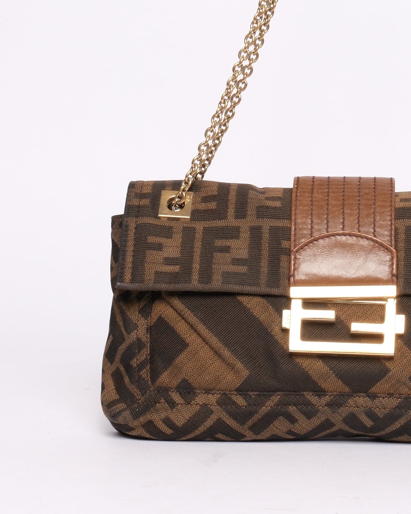 Fendi Brown Canvas & Leather Zucca Chain Handle Baguette