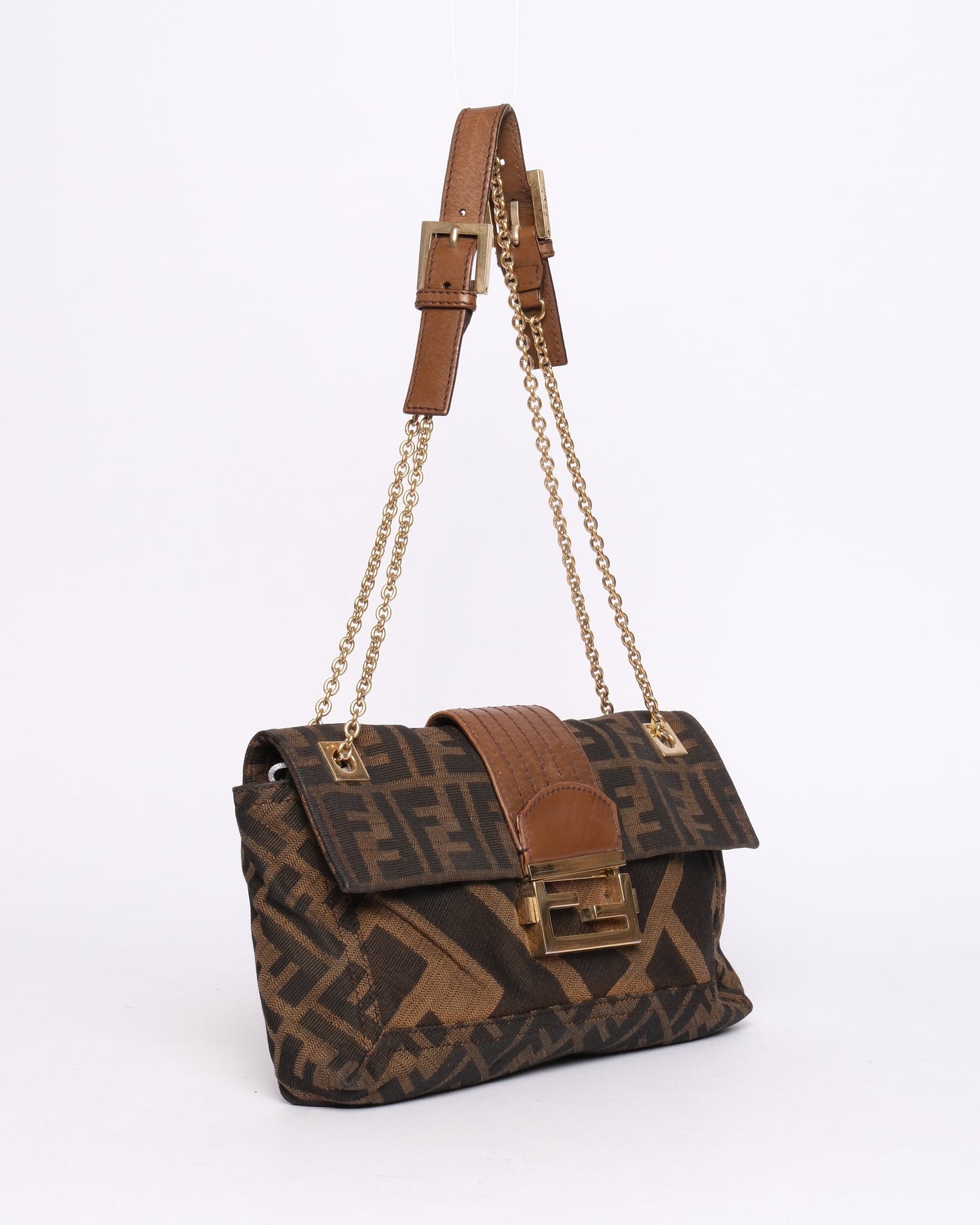Fendi Brown Canvas & Leather Zucca Chain Handle Baguette