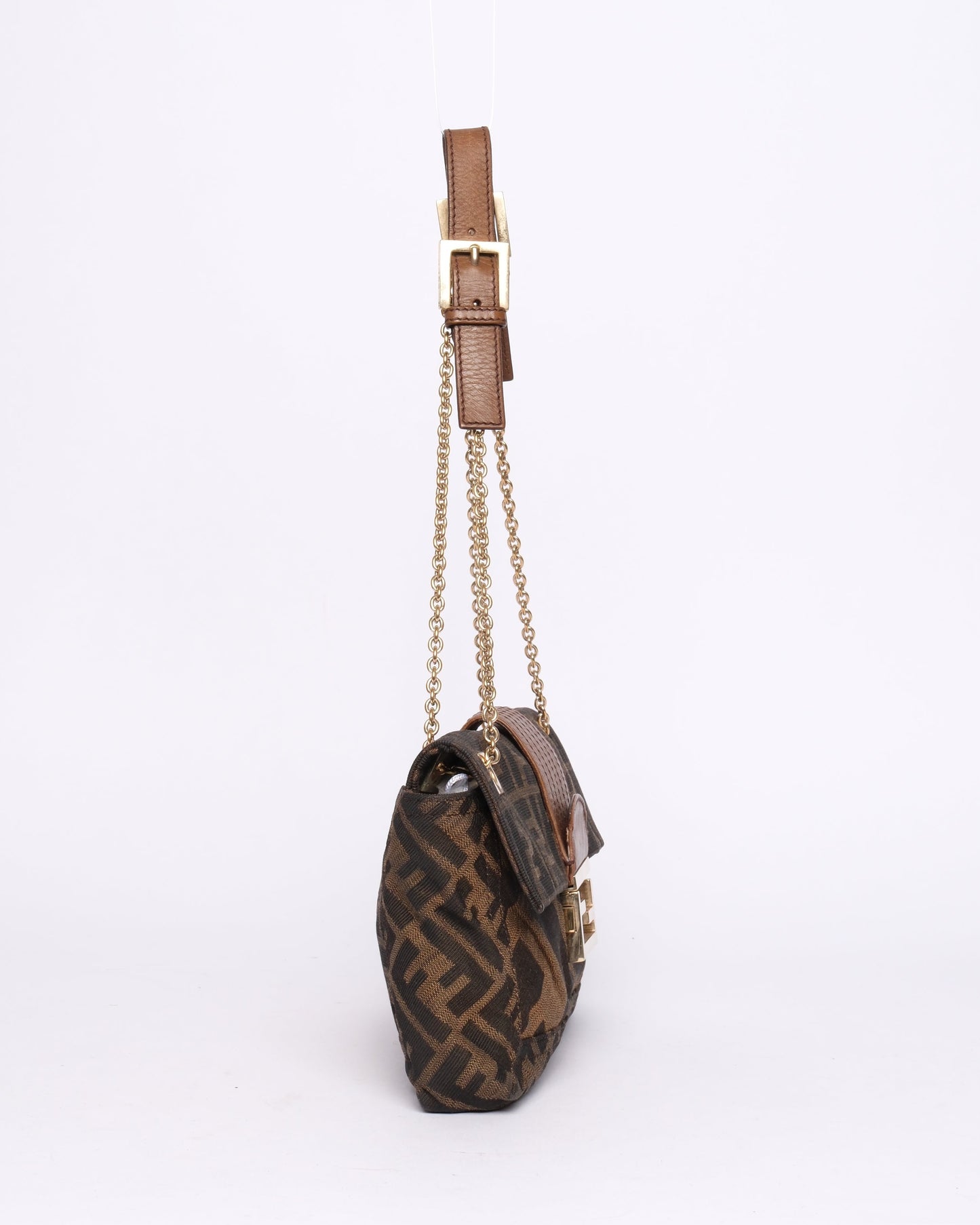 Fendi Brown Canvas & Leather Zucca Chain Handle Baguette