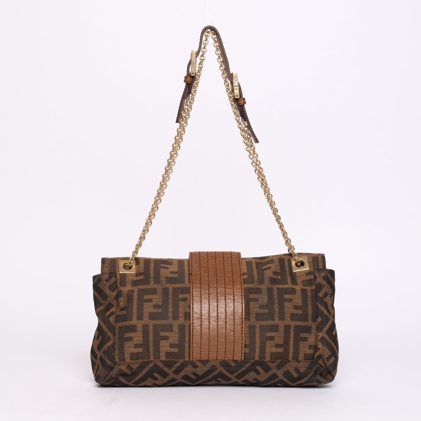 Fendi Brown Canvas & Leather Zucca Chain Handle Baguette