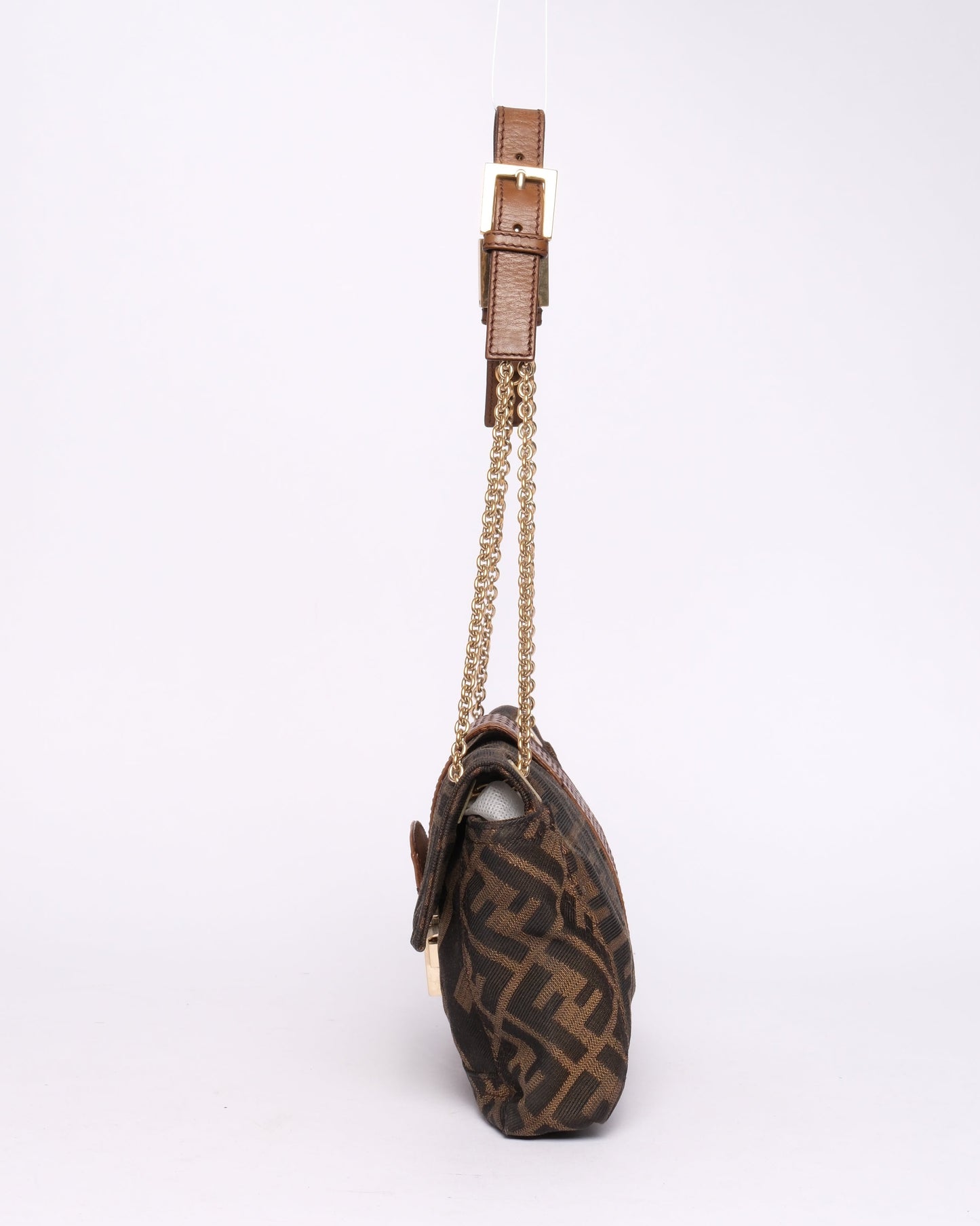 Fendi Brown Canvas & Leather Zucca Chain Handle Baguette