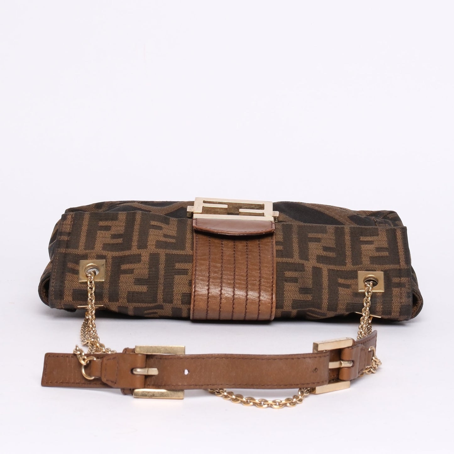 Fendi Brown Canvas & Leather Zucca Chain Handle Baguette