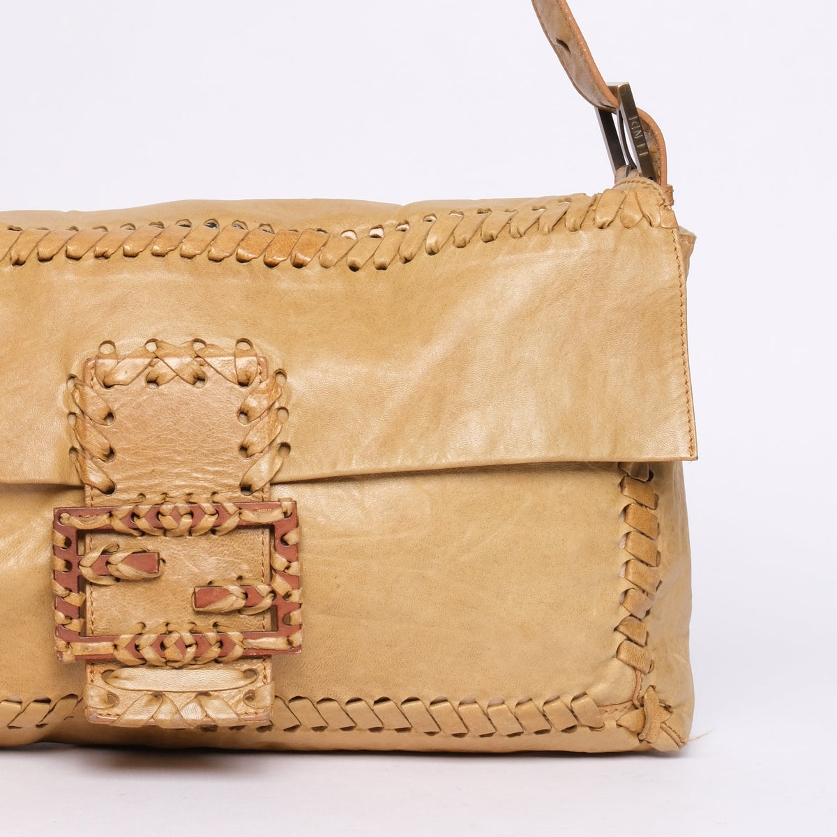 Fendi Beige Leather Stitch Jumbo Baguette