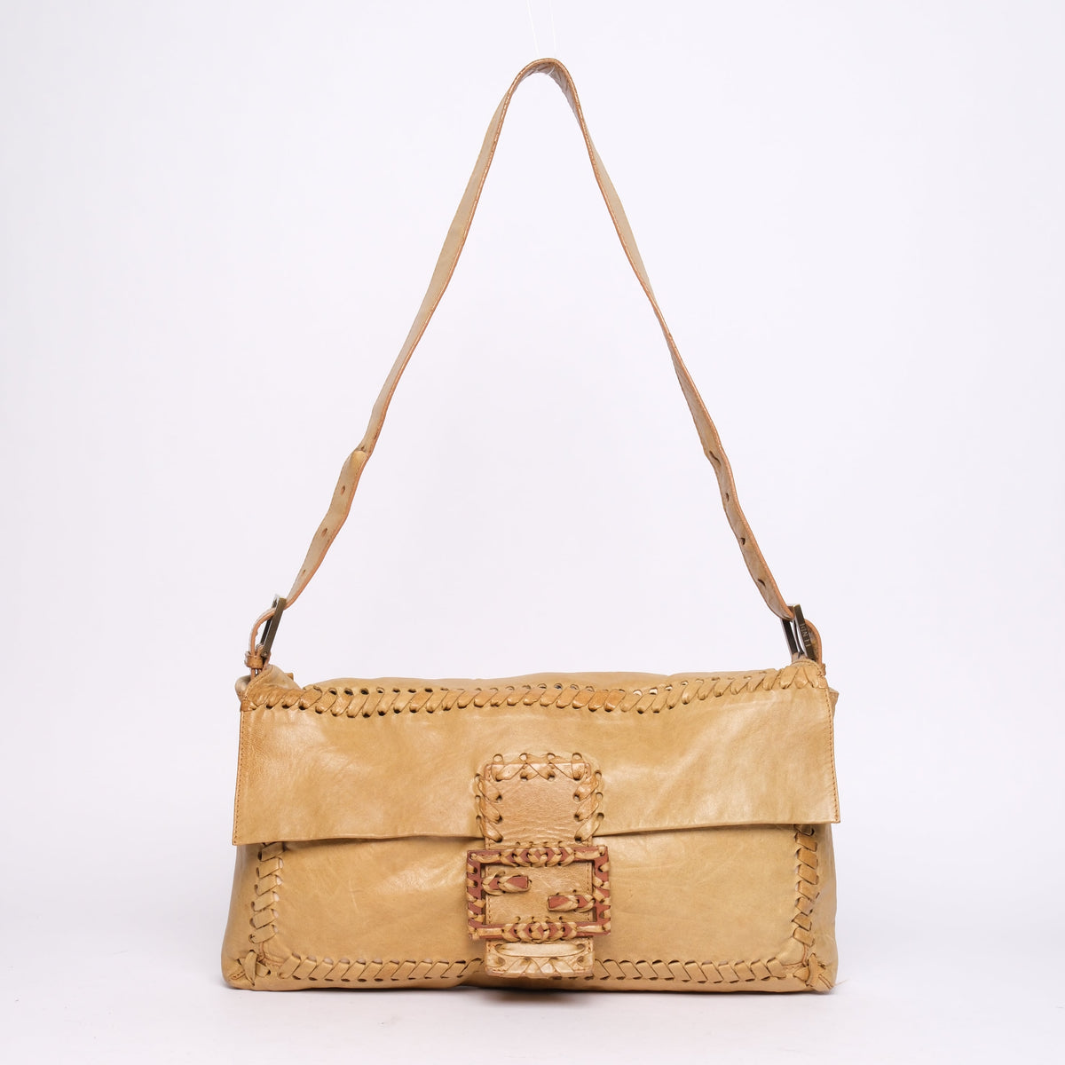 Fendi Beige Leather Stitch Jumbo Baguette