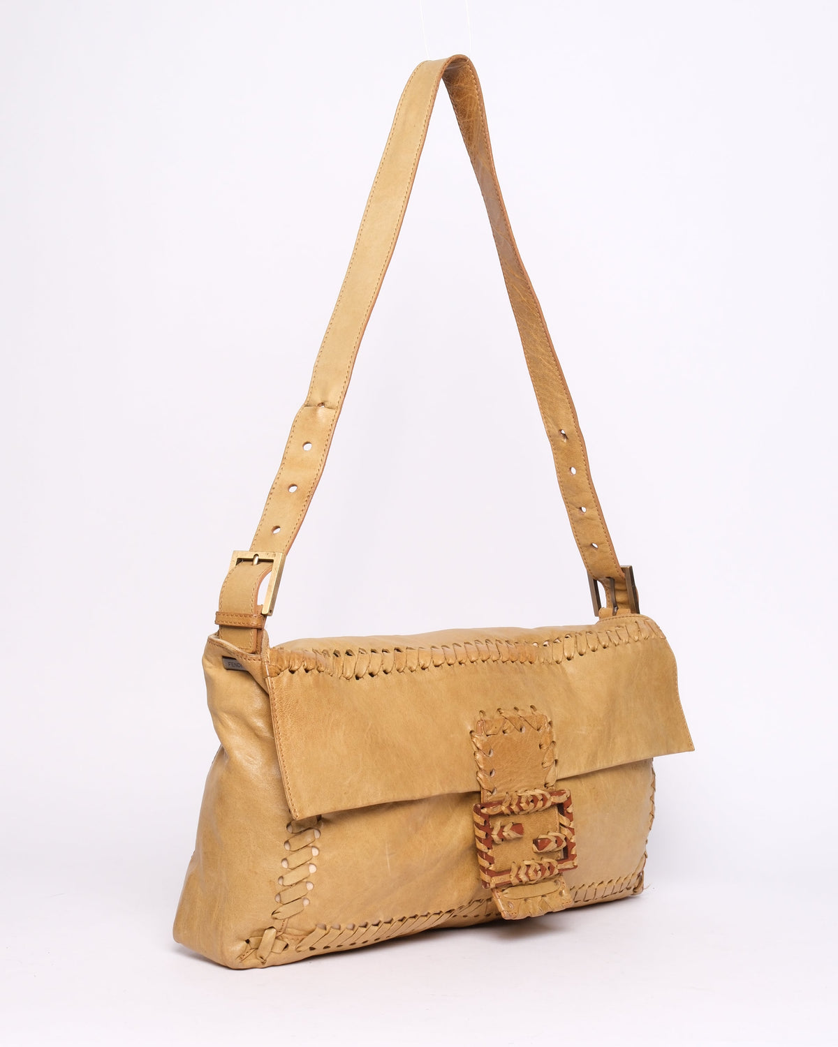 Fendi Beige Leather Stitch Jumbo Baguette