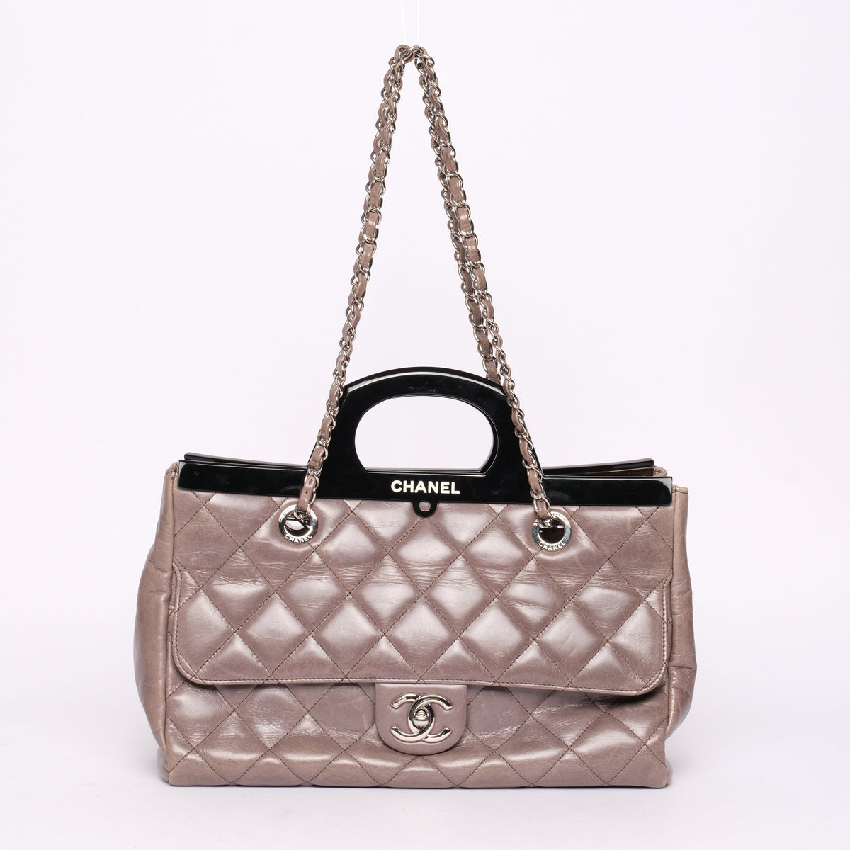 Chanel Gray Lambskin Quilted Acrylic Handle Delivery Flap