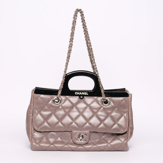 Chanel Gray Lambskin Quilted Acrylic Handle Delivery Flap