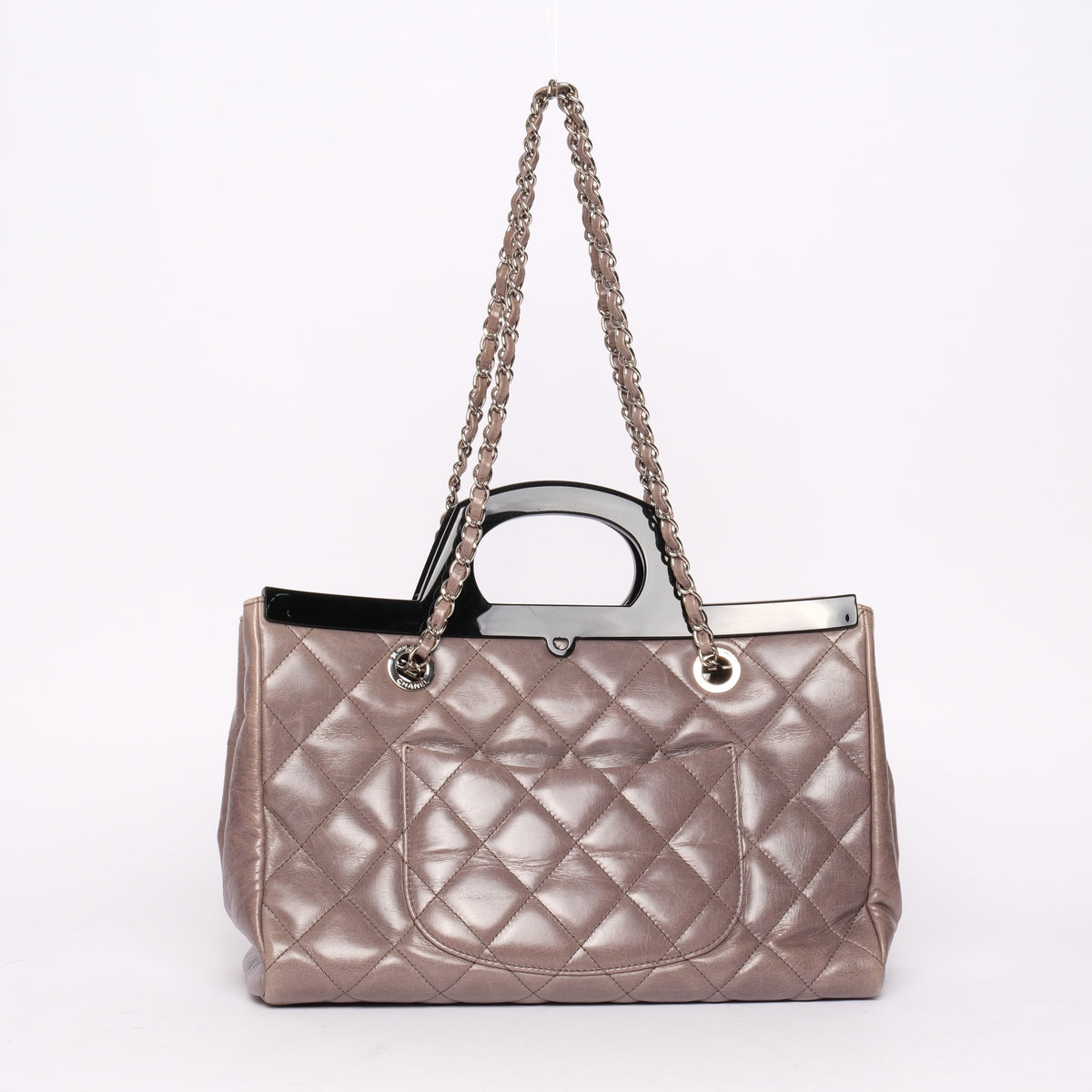 Chanel Gray Lambskin Quilted Acrylic Handle Delivery Flap