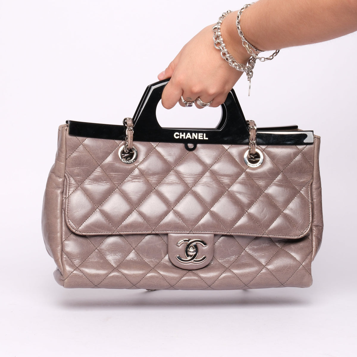 Chanel Gray Lambskin Quilted Acrylic Handle Delivery Flap