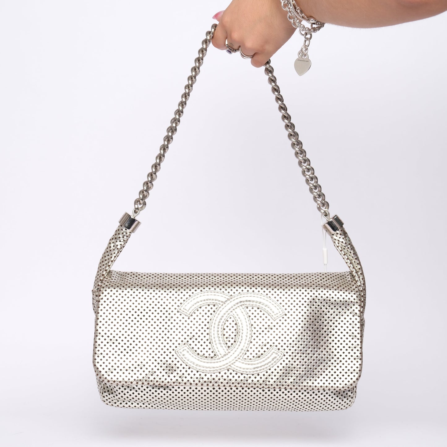 Chanel 2008 Silver Rodeo Drive Metallic Perforated Shoulder Bag