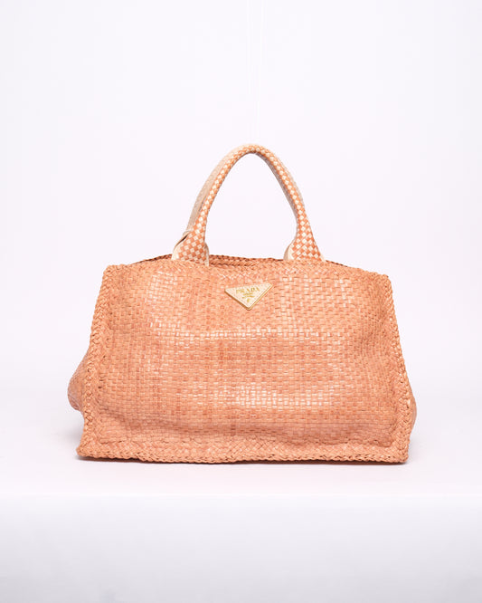 Prada Tan Woven Leather Canapa Tote Bag