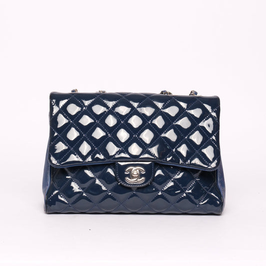 Chanel Blue Patent & Lambskin Leather Interwoven Chain Flap Shoulder Bag