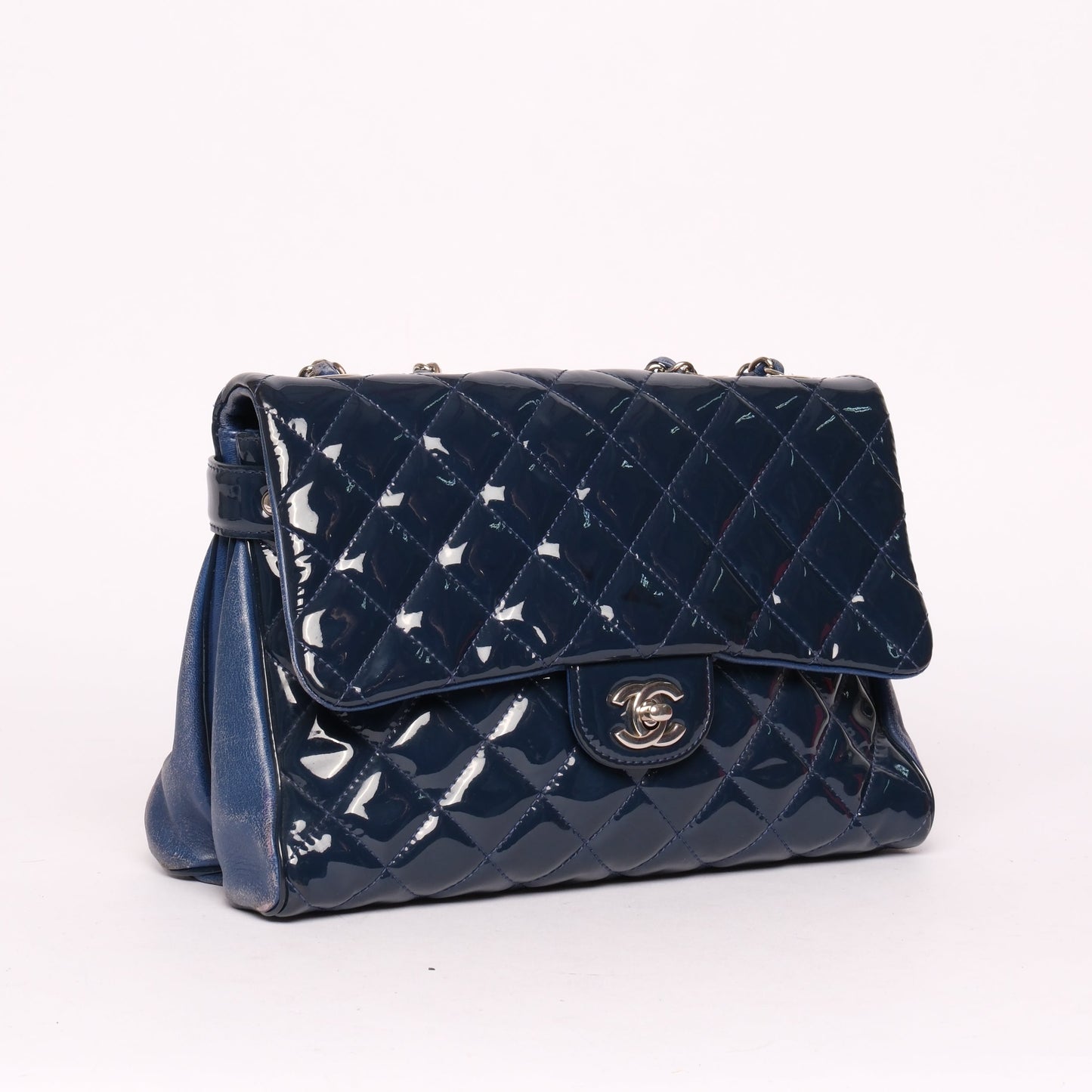 Chanel Blue Patent & Lambskin Leather Interwoven Chain Flap Shoulder Bag
