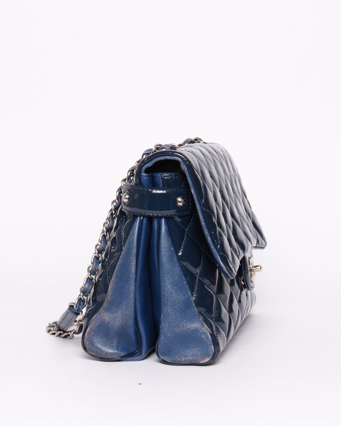 Chanel Blue Patent & Lambskin Leather Interwoven Chain Flap Shoulder Bag